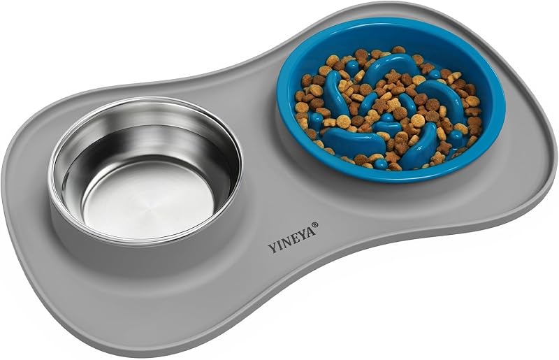 YINEYA 3 in 1 Slow Feeder Dog Bowls,Dog Water Bowl,Cat and Dog Food Bowl | Stainless Steel Dog Bowls with Non-Spill Dog Bowl Mat, Anti-Choking Puppy Bowls, Easy Clean for Large Medium Small Dogs Cats