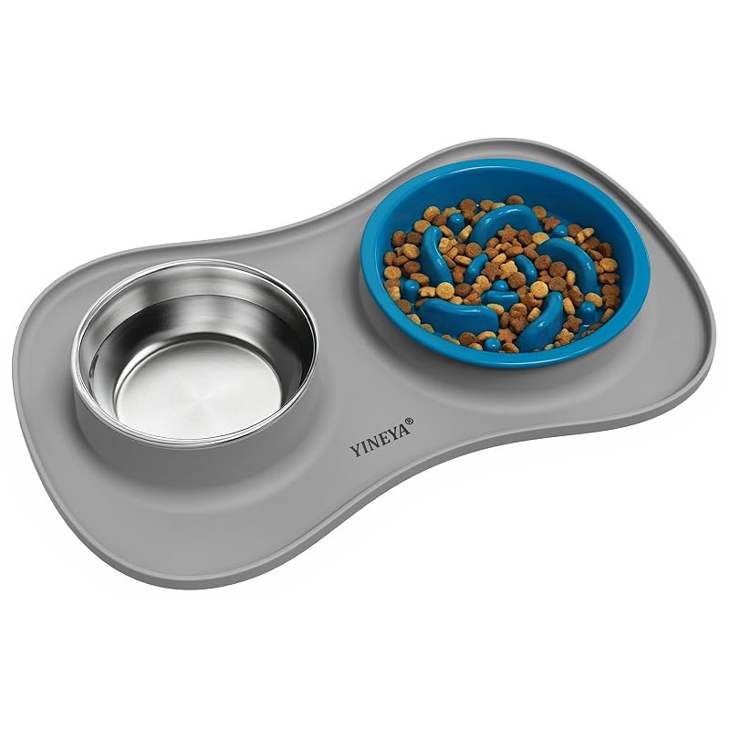 Comedouro lento 3 em 1 para cães e gatos YINEYA com tigela de aço inoxidável e tapete de silicone, Cinza