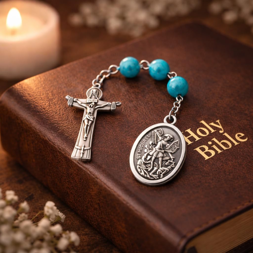TALISMAN4U Catholic Pocket Rosary Hail Mary Chaplet Prayer Beads St Michael | Natural Stone Turquoise Beads, Guardian Angel Medal, Holy Trinity Crucifix, Holy Land, Gift Pouch, Religious Accessory