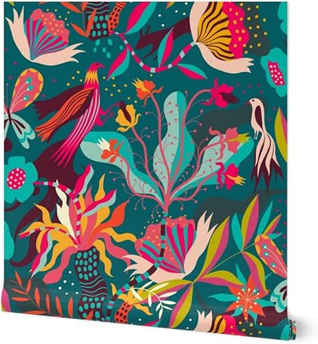 Spoonflower Papel tapiz autoadhesivo de 9 x 2 pies, diseño de flores brillantes de la selva, tropical, medianoche, exótico, papel tapiz extraíble disponible en Yaxa Colombia