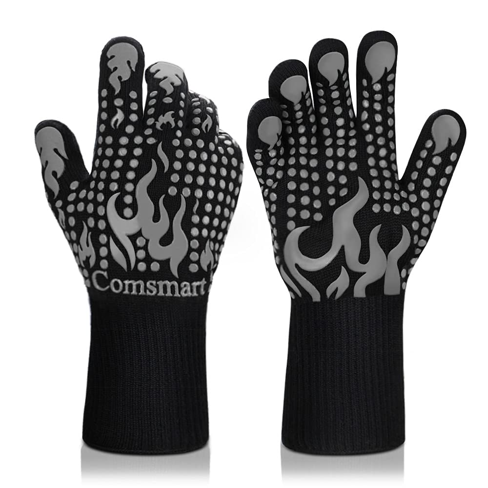 Comsmart BBQ Gloves, 1472 Degree F Heat Resistant Grill Gloves Silicone Non-Slip Oven Gloves Long Kitchen Gloves for Barbecue, Cooking, Baking, Cutting (Gray)