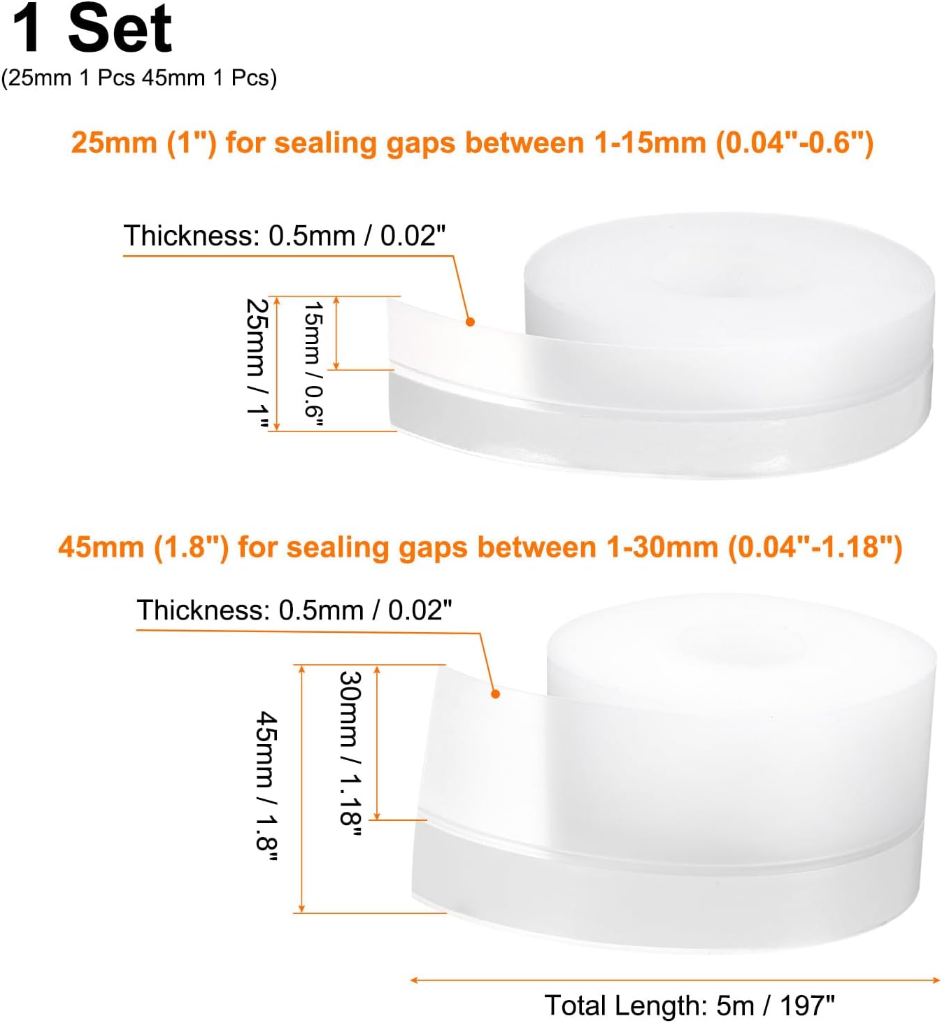 HARFINGTON 2pcs Weather Stripping Door Seal 16.4ft x 25mm 16.4ft x 45mm TPE Seal Strip for Door Draft Stopper Adhesive Tapes Window House Shower Glass Gaps, Transparent