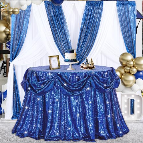 Image of B-COOL Round Sequin Tablecloth Sparkle Party Decorations: 90 Inch Table Cloth Royal Blue Sequin Fabric Overlay for Indoor Outdoor Dining Parties Home