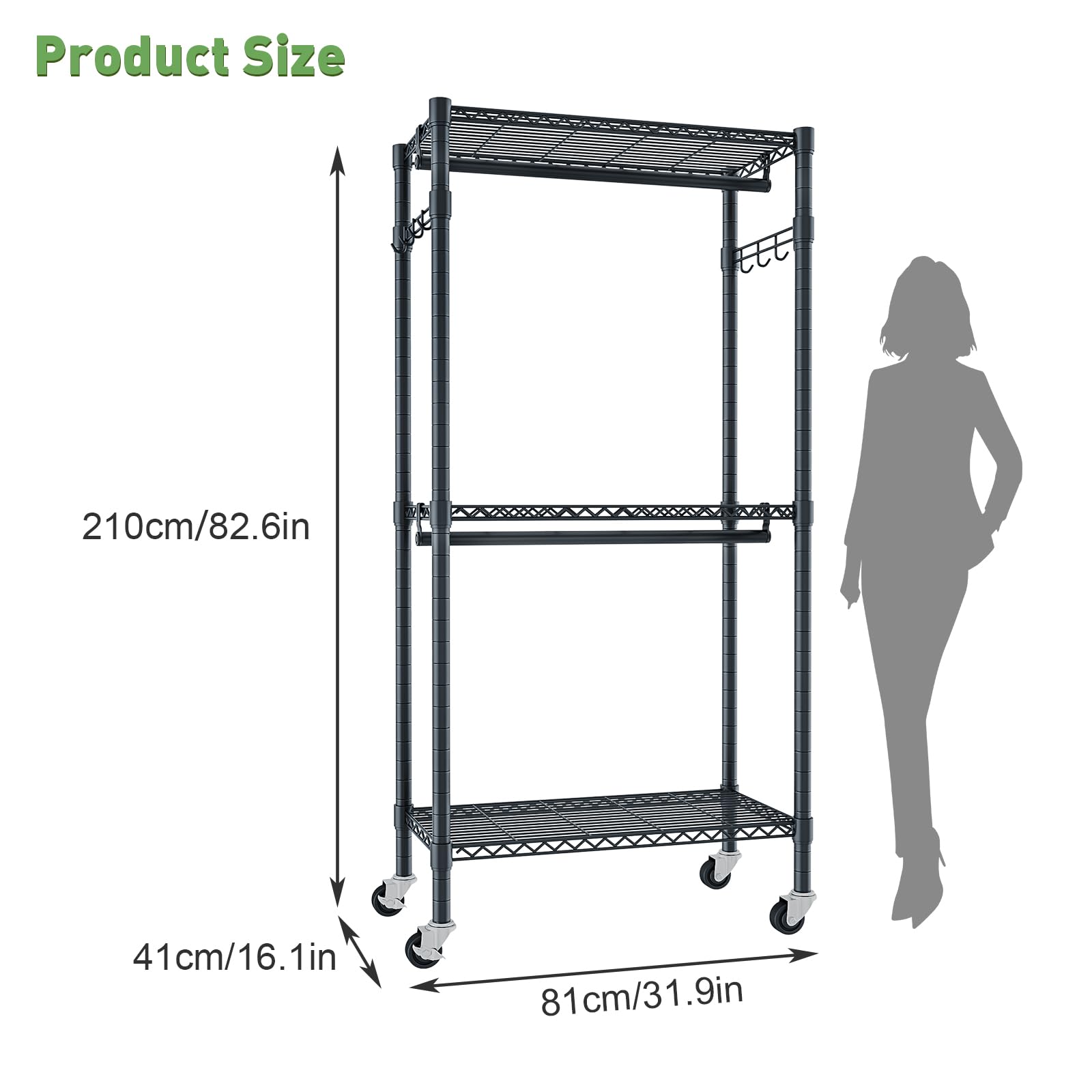 Perchero fijo con estantes de almacenamiento, armario para dormitorio con doble barra, ruedas con cerradura y ganchos laterales, perchero resistente y práctico