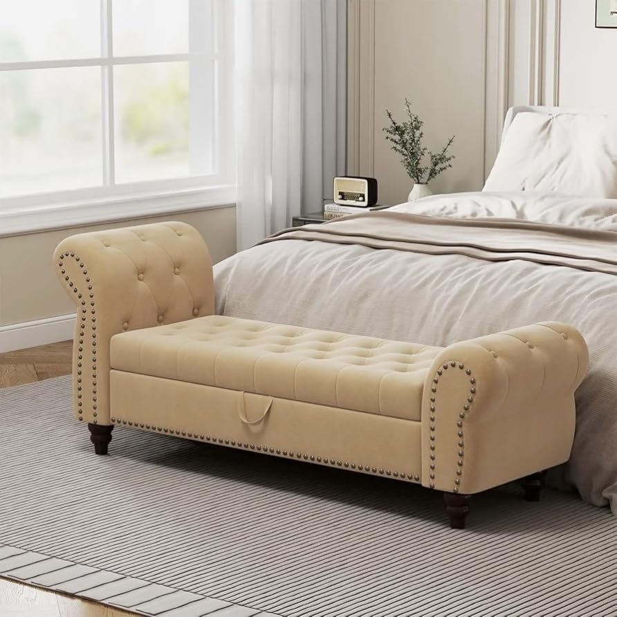 FOREMOSTSOFA 64.5" Velvet Upholstered Storage Ottoman Bench, Sofabench Couch End of Bed Bench Window Bench with Armrest, Chaise of Lounge with Button Tufted for Bedroom Living Room (Khaki)-image-41