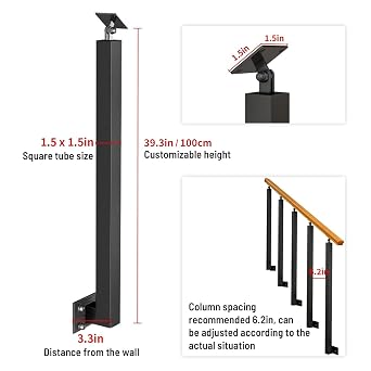 Black Stair Baluster Posts - Square Metal Railing Spindles, Banister Column for Deck, Steps, Garden, Outdoor Stairs Remodeling, (Baked Paint, Side Mount), 39.4in / 100cm