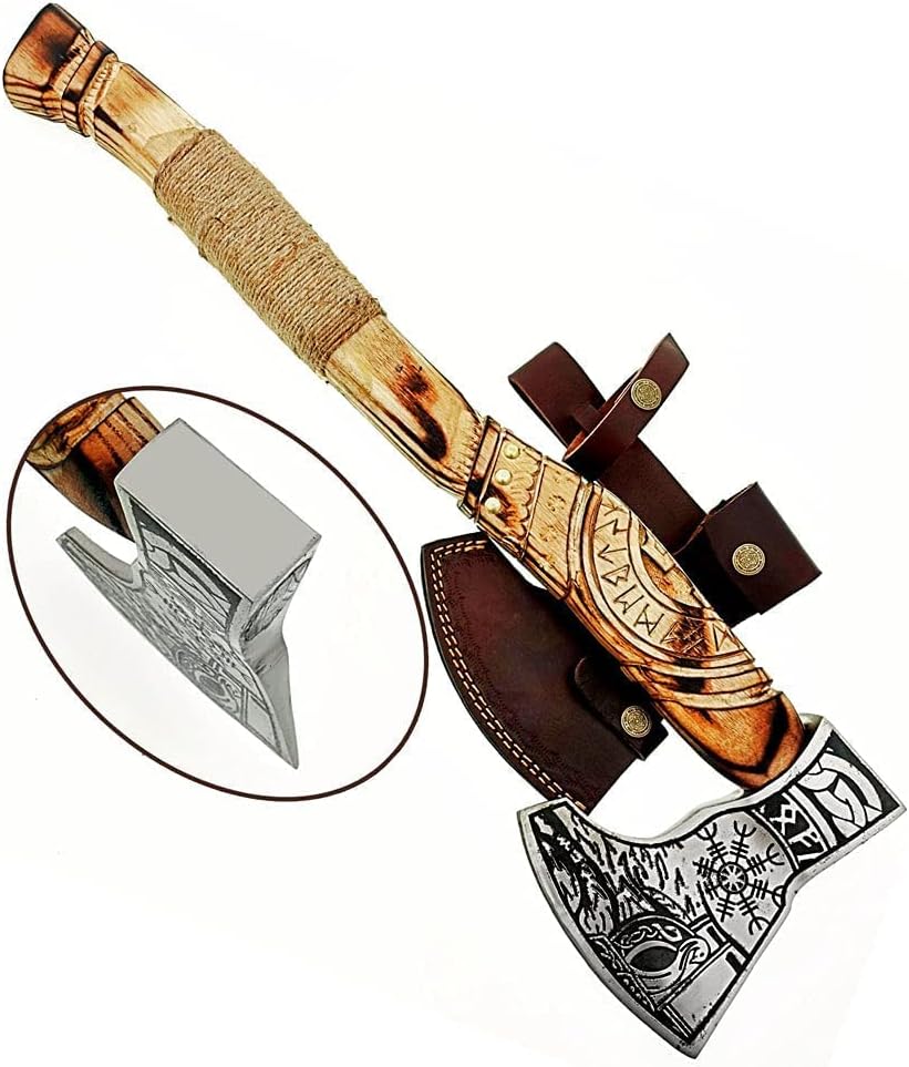 Poshland AX-7000 Custom Gift Forged Carbon Steel Viking Axe with Rose Wood Shaft, Viking Bearded Camping Axe