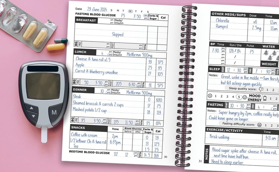 Diabetes Log Book - with Food & Blood Sugar Journal | for Types 1 & 2 Diabetics | A5 Spiral Bound - Image 3