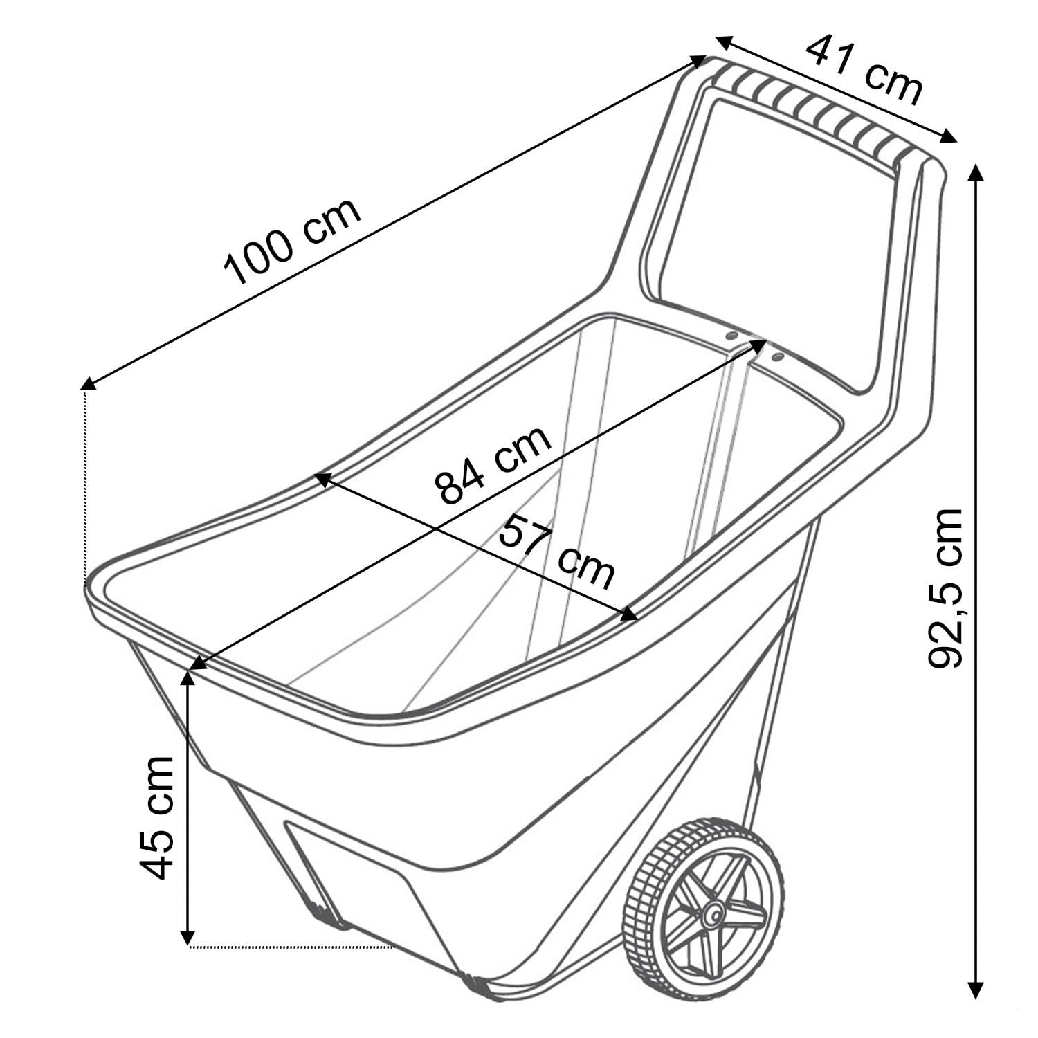 Load&Go Gartenschubkarre | Fassungsvermögen 95 Liter | 57 x 84 x 92,5 cm | aus Kunststoff | schwarz | zwei verstärkte Räder aus Gummi | für Transport von Materialien und Wartungsarbeiten | leichte und