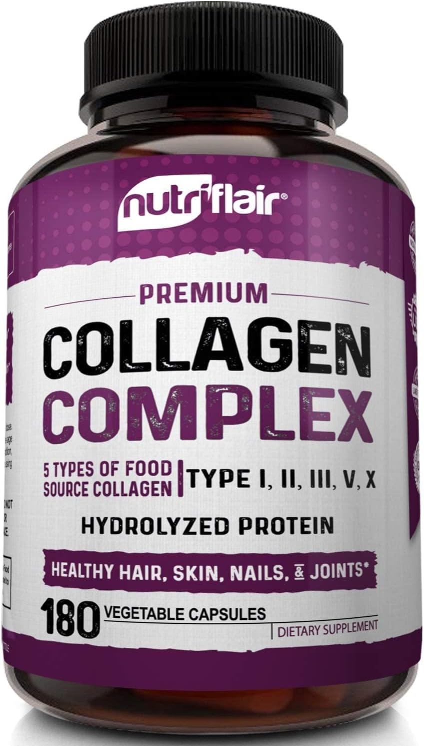 NutriFlair Multi Collagen Peptides Pills 2250MG, 180 Capsules - Type I, II, III, V, X - Premium Collagen Complex - Hydrolyzed Protein Supplement for Anti-Aging, Healthy Joints, Hair, Skin, and Nails : Health & Household