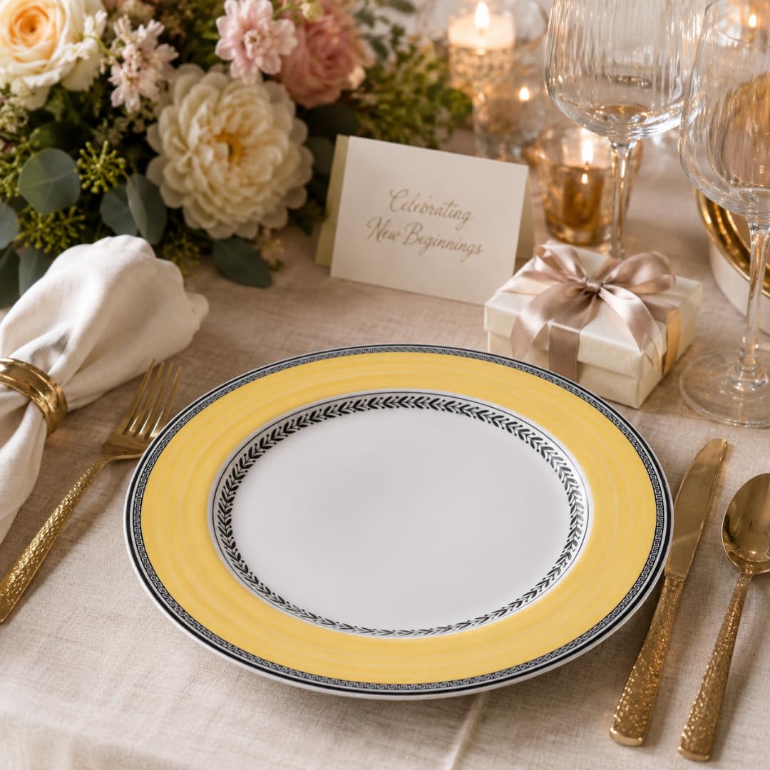 Villeroy & Boch Audun Fleur Plato llano, 27 cm, Porcelana Premium, Blanco/Gris/Amarillo | Porcelana, diseño multicolor, una pieza, entrantes, ensaladas compuestas, aperitivos compartidos