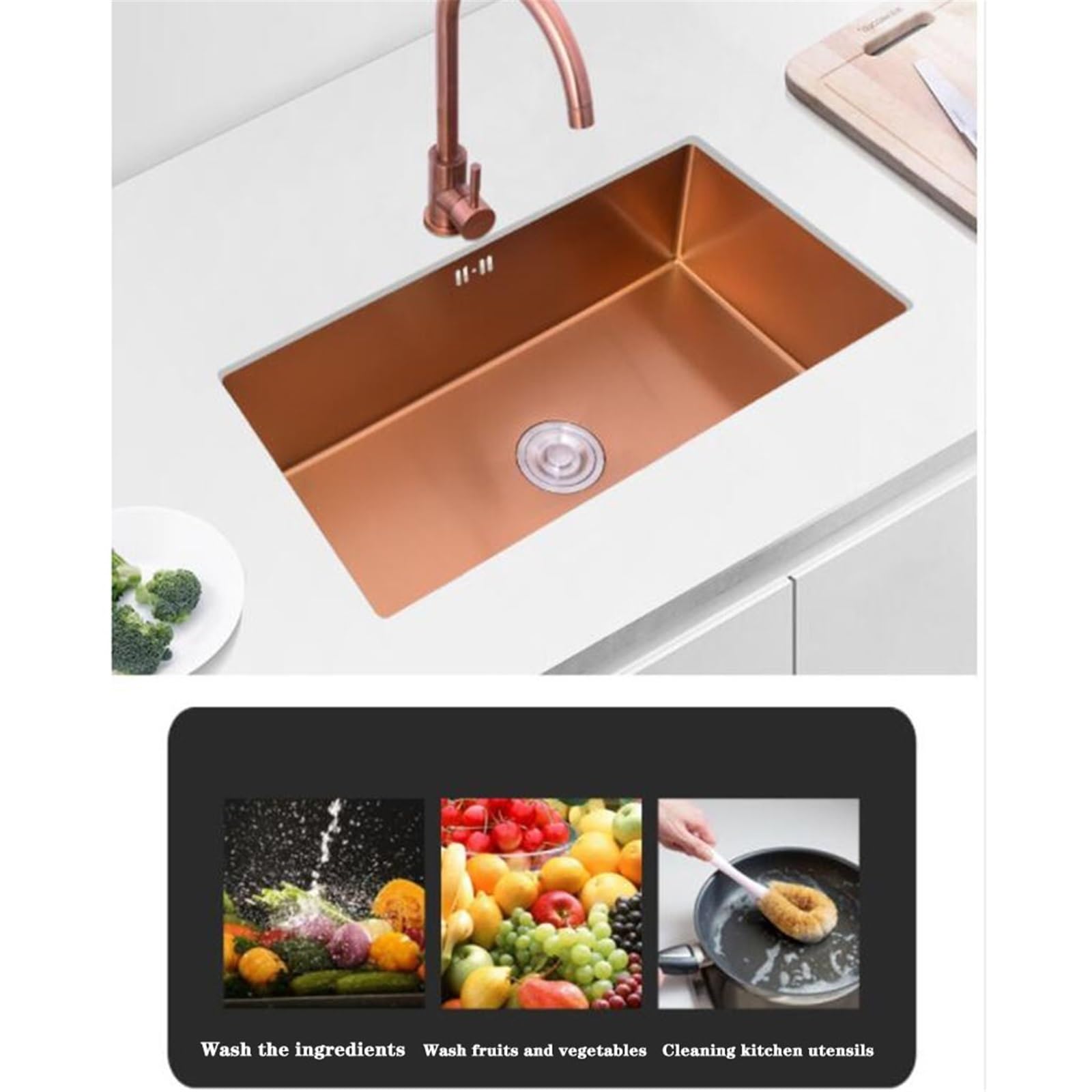 Lavello Da Cucina In Acciaio Inox A Vasca Singola Per Installazione Su Cavalletto/Fuori Cavalletto, Include Accessori Per Il Lavaggio Delle Verdure, Ideale Per L'Arredamento Del Bagno, Oro Rosa 60*40