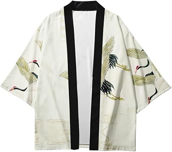 AMOMA Men Japanese Kimono Lightweight Loose Breathable Casual Cardigan Coat Top Yukata JacketXXL,CraneWhiteYellow