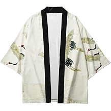 AMOMA Men Japanese Kimono Lightweight Loose Breathable Casual Cardigan Coat Top Yukata Jacket4XL,CraneWhiteYellow