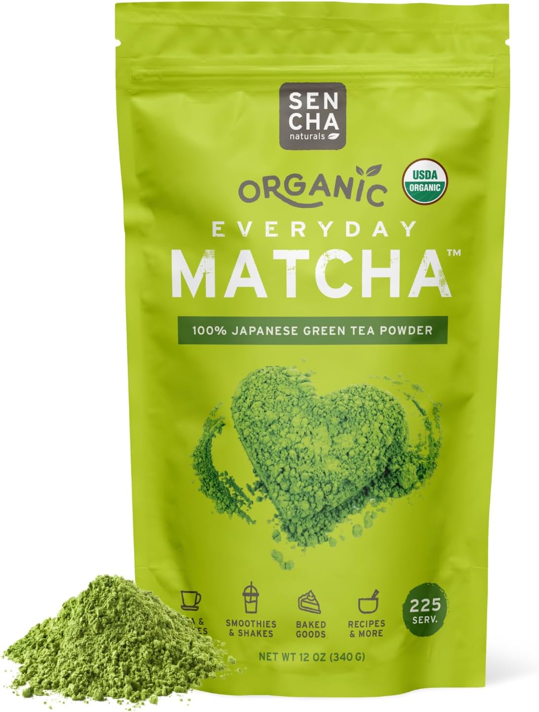 SEN CHA Naturals Organic Everyday Matcha Powder, Authentic Japanese Green Tea, Premium First & Second Harvest Culinary and Ceremonial Grade Matcha Powder, Lattes & Baking, 12oz Bag (1 Pack)