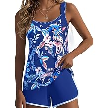 Womens Printed Two-Piece Tankini Swimsuits with Beach Pants U-Neck Sleeveless Boho Floral Bathing Top with Shorts