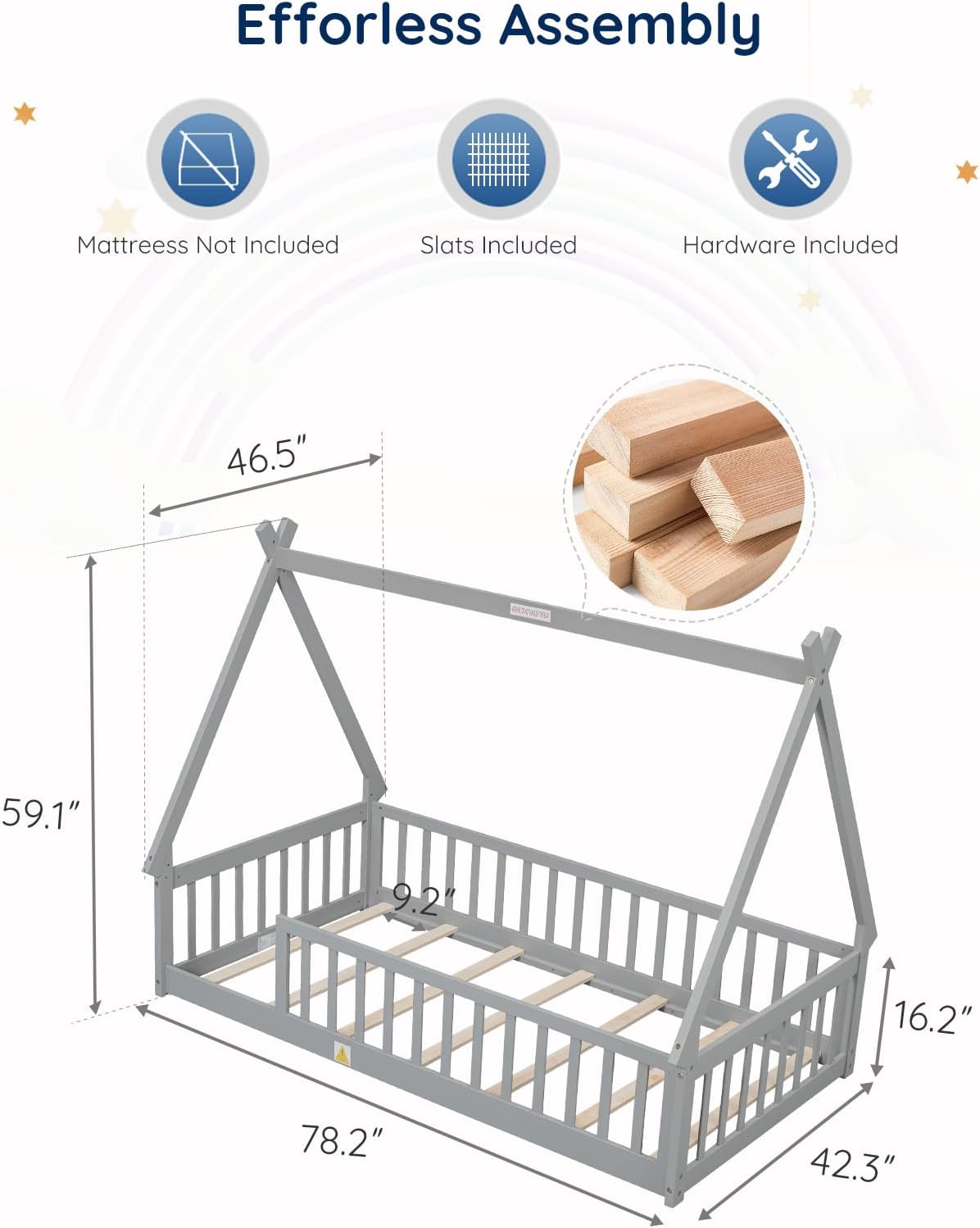 Tatub Twin Montessori Floor Bed Frame with Rails and Roof, Wood Tent Floor Bed for Kids，Girls and Boys, Grey
