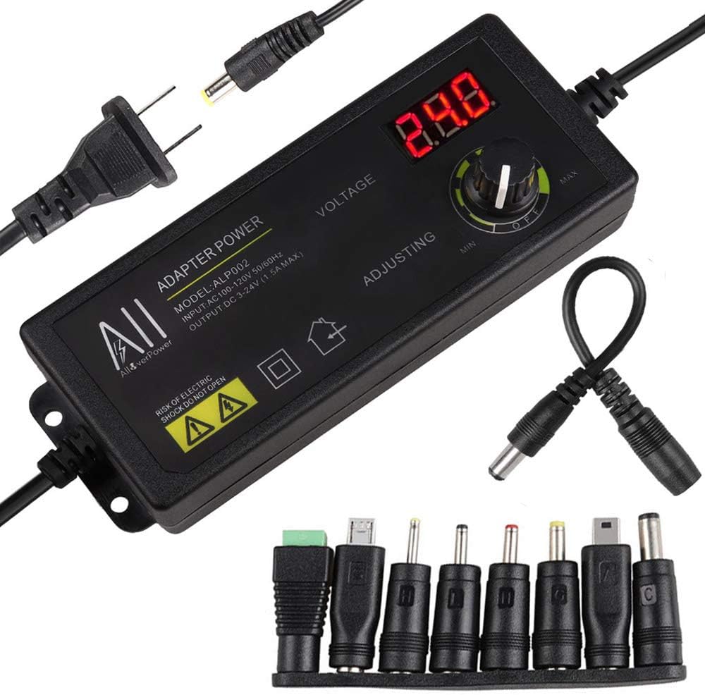 Universal 3V - 24V 1.5A 36W Adjustable DC Power Supply Adapter Speed Control Volt Display with Variable 8 Plugs and 1 Polarity Reverse Cable Cord