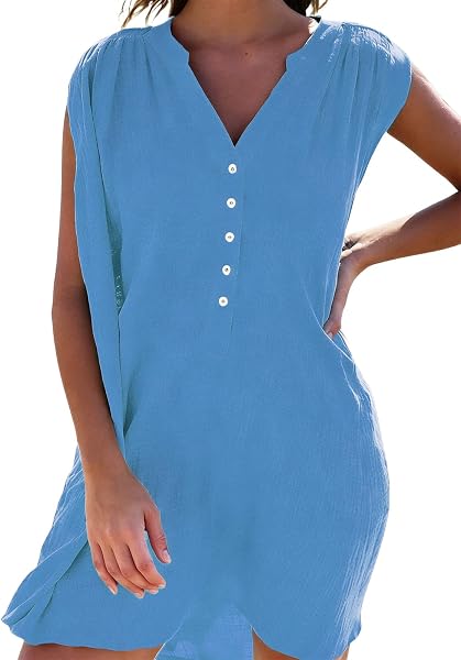 JFAN Copricostume Donna Mare Camicia con Bottoni Estivo Abito da Spiaggia Collo V Senza Maniche Casual Beachwear Bikini Cover Up - 1
