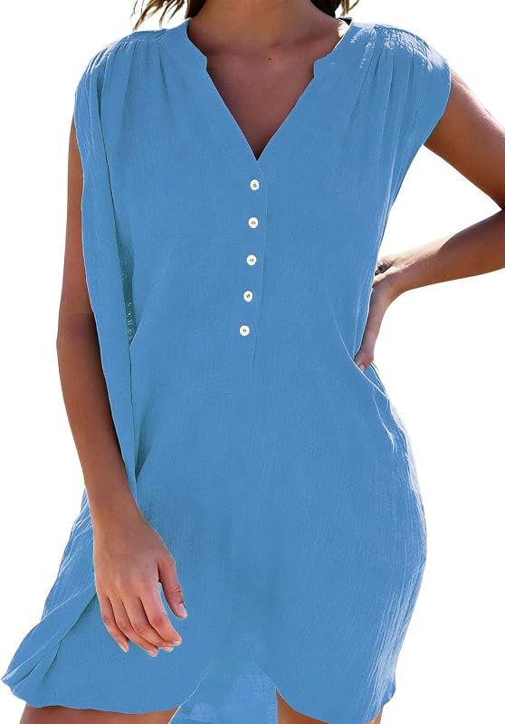 JFAN Copricostume Donna Mare Camicia con Bottoni Estivo Abito da Spiaggia Collo V Senza Maniche Casual Beachwear Bikini Cover Up