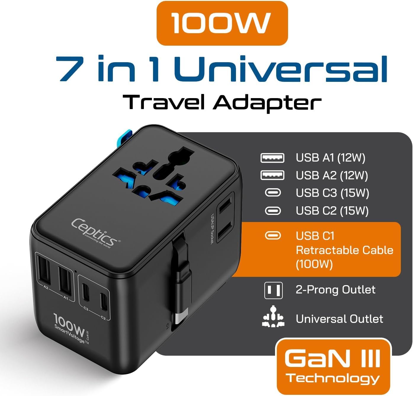 Ceptics GAN Adaptador de Viaje Universal de 100 W con Cable USB C retráctil, 2 USB-A & C, Entrada Universal y 1 Entrada US/JP, Adaptador Universal 7 en 1 para Viajes por Todo el Mundo