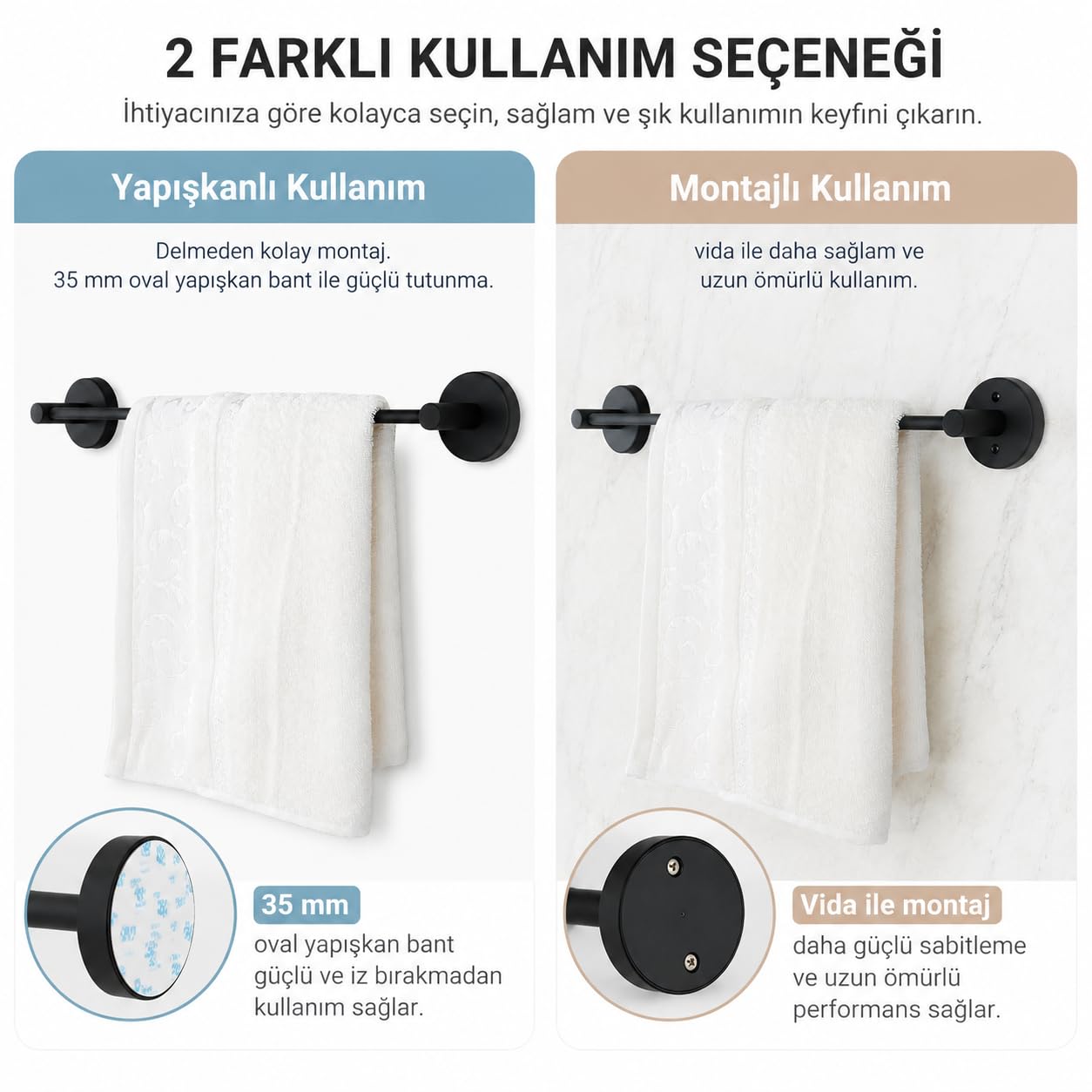 Lotus Siyah Uzun Havluluk, Yapışkanlı ve Vidalı Montajlı Havlu Askısı, Mat Siyah Statik Boyama, 35 mm Oval Bantlı Banyo Havlu Tutucu