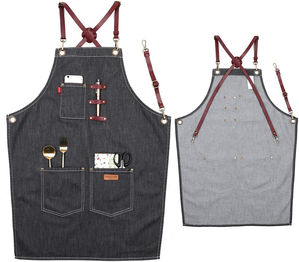 Denim Apron with Pockets for Men Women, Tool Work Apron for Chef Cooking BBQ Garden, Painting Woodworking, Gift for Him and Her