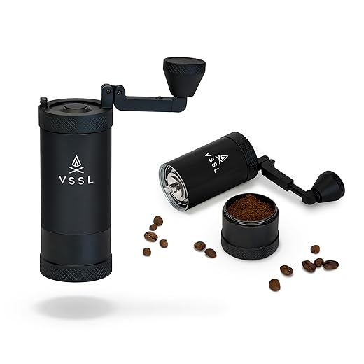 VSSL JAVA Manual Hand Coffee Grinder. 50 adjustable grind settings for Aeropress, French Press, Drip Coffee, Espresso with best-in-class stainless steel burrs. 20g grind capacity.