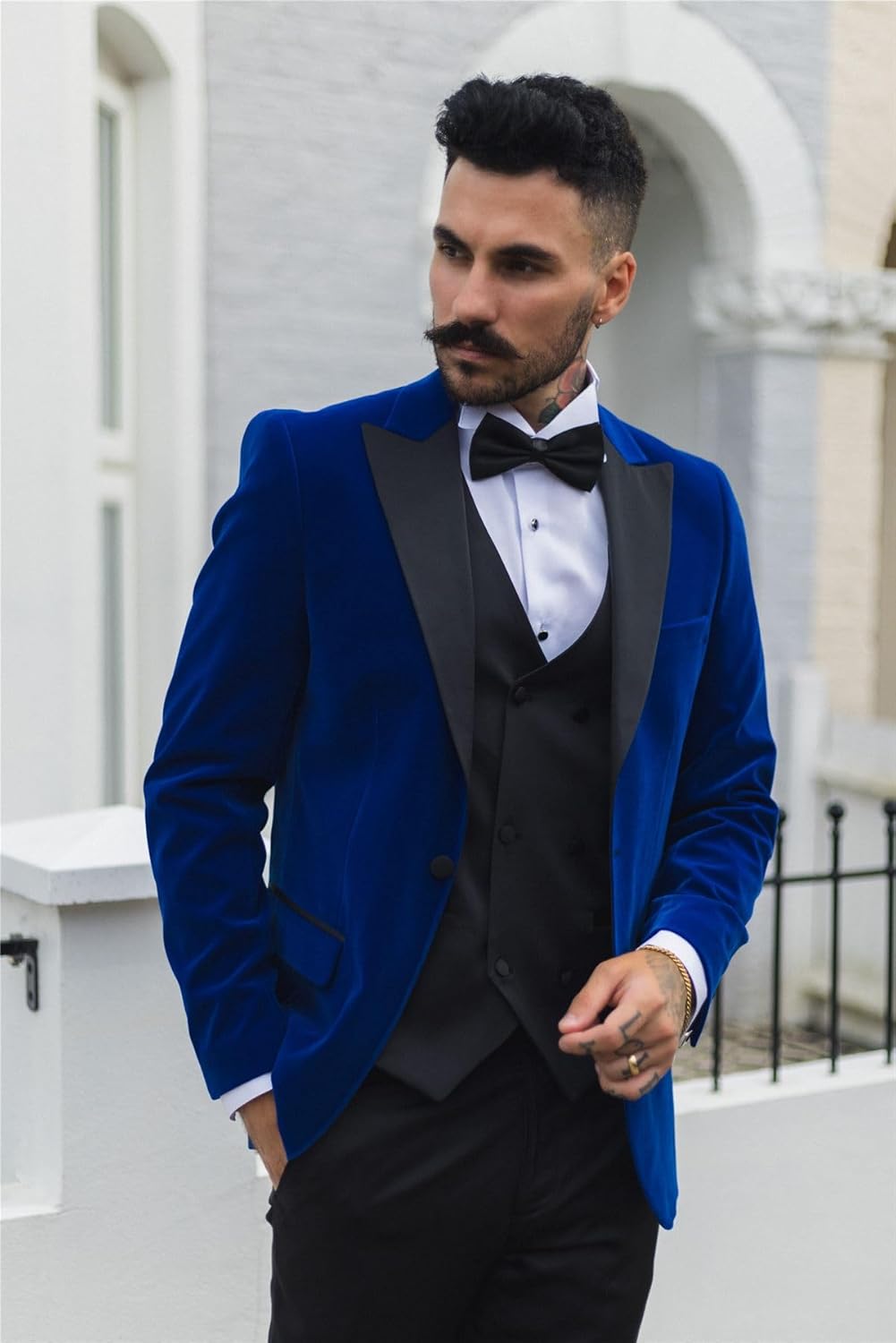 Mens Royal Blue Velvet Tuxedo Blazer Satin Peak Lapels Dinner Jacket Wedding Prom Black Tie