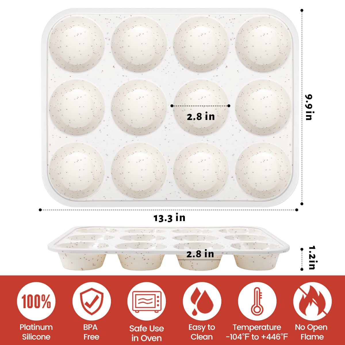 CAKETIME Silikon Backform, Silikon-Muffinform, metallverstärkter Rahmen, Cupcake-Form, 12 Tassen, normale Größe, leicht zu bewegen, Backofen, Muffinformen, antihaftbeschichtet, 12 (2)