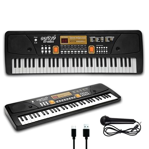 Gooyo GY-639 61-Key Musical Piano Keyboard Toy for Kids | 10 Rhythms, 16 Tones, 6 Demos, Song Record Feature | Black | Dual Power Supply Mode | Microphone & USB Cable (Included)