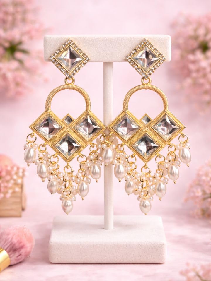 Image of Kashmiri Oxidised Gold Jhumka Earrings with Elephant Design, Pearl Drops, Traditional Indian Jewellery for Women and Girls