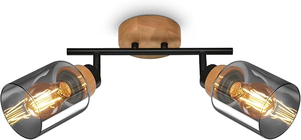 BRILONER Plafonnier, verre fumé, orientable, lampe de salon, lampe de chambre à coucher, lampe de cuisine, bois noir