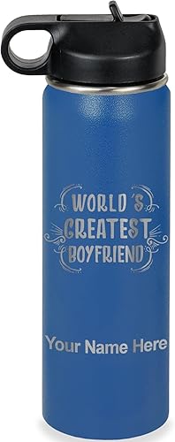 Miniatura 56 de LaserGram Botella de agua personalizada, World's Greatest Boyfriend, acero inoxidable de doble pared aislada al vacío con popote superior, regalo