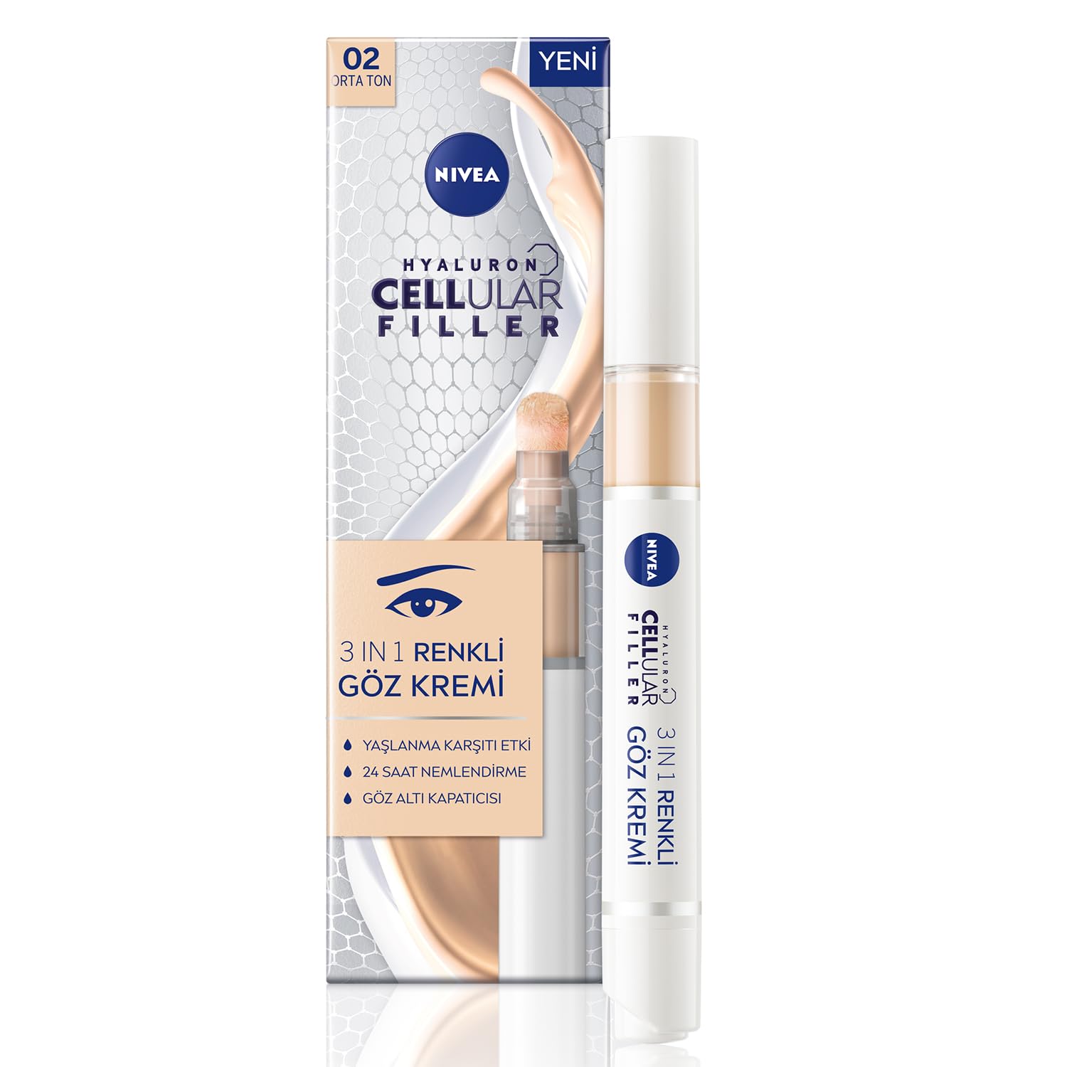 NIVEA Hyaluron - Correttore 3 in 1 per la cura degli occhi medio (4 ml), correttore anti-età con ialuronico, correttore per occhiaie, rossore e brufoli