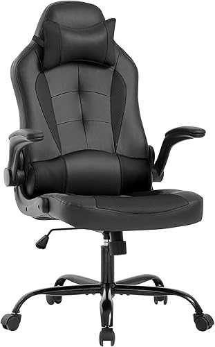 BestOffice Silla ergonómica para juegos de PC, silla de oficina con soporte lumbar, reposabrazos abatibles, reposacabezas de piel sintética, silla