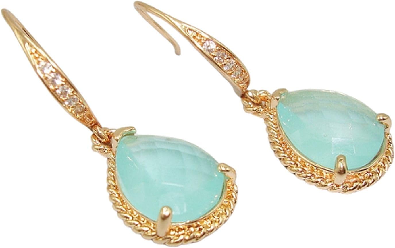 Mint Green Drop Earrings Gold on Pave' Diamond French Earwire