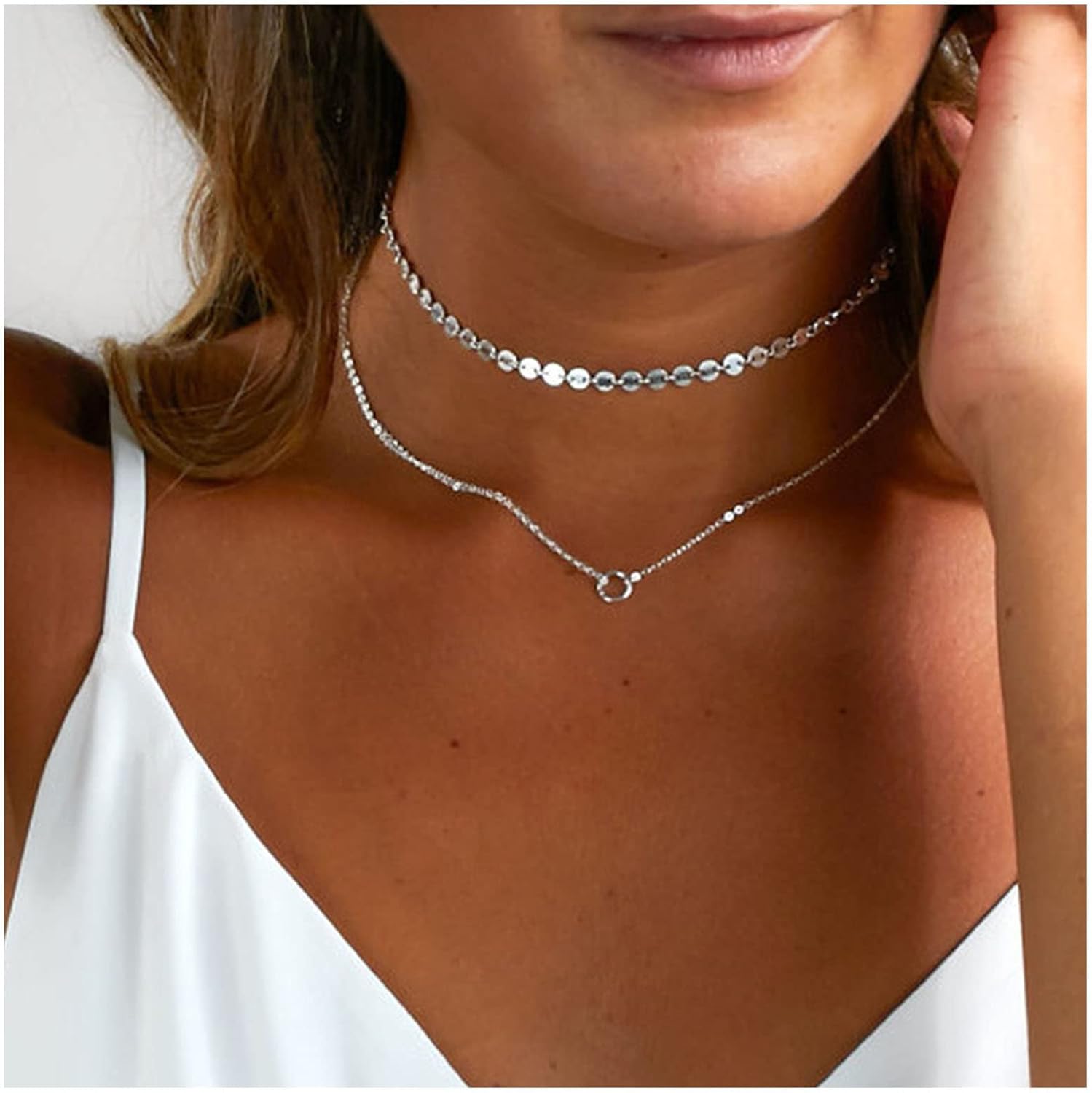 Vintage Layered Circle Choker Necklace Karma Circle Pendant Necklace Disc Sequin Chain Necklace Silver Disc Chain Choker Necklace Jewelry for Women - Image 2