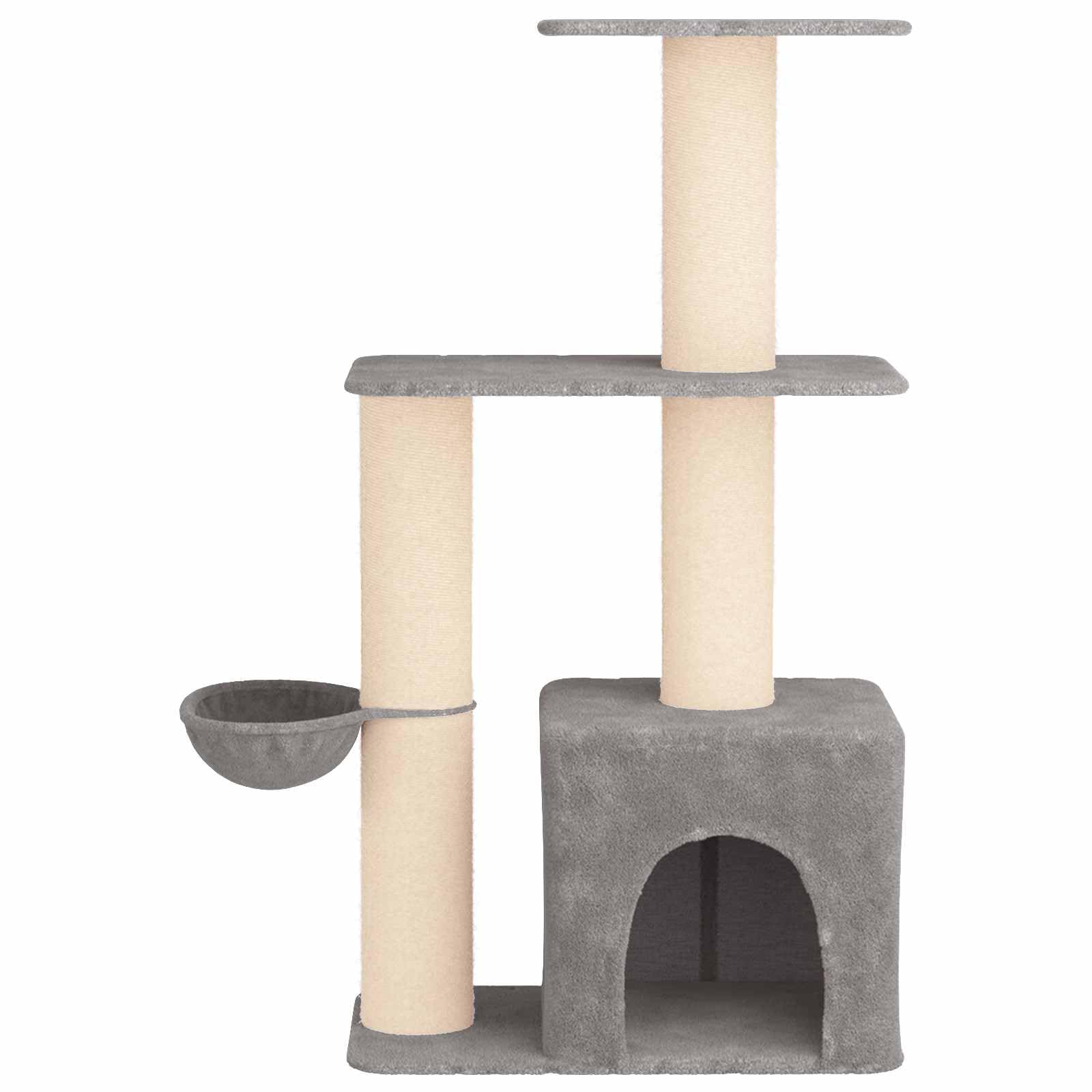 Kratzbaum Stabil mit Sisal-Kratzsäulen und Katzenhöhle - Mehrstöckiger Katzenbaum 133 cm hoch für Drinnen - Kletterbaum mit Plüsch und Holz für Katzen, Hellgrau