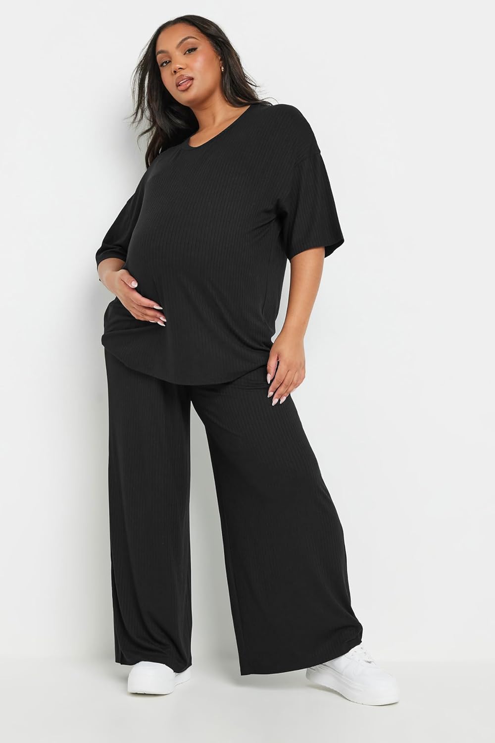 Yours Curve Women's Plus Size Maternity Premium Ribbed Wide Leg Pants Black