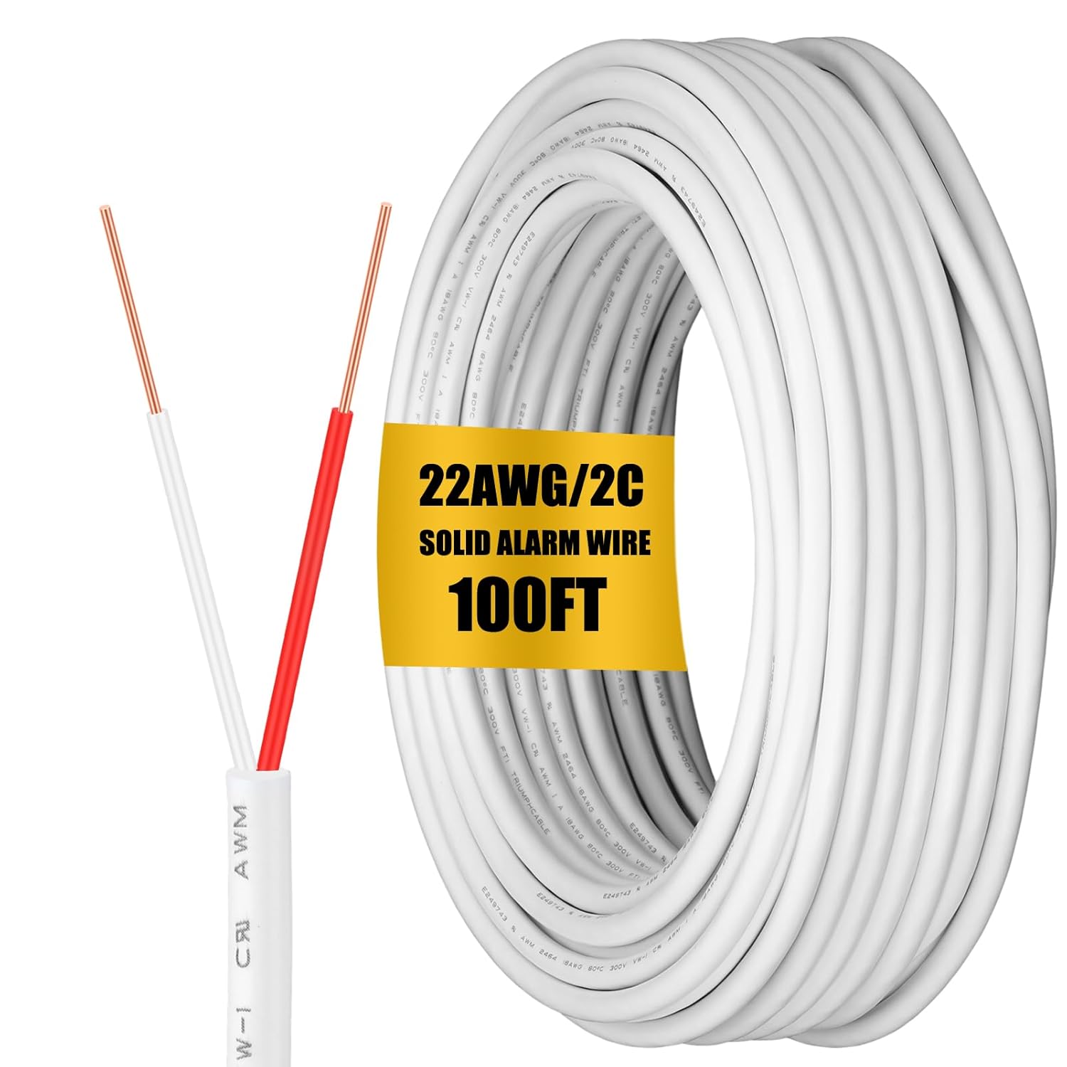 Timgle 22/2 White Solid Door Bell Wire100ft Stranded Fire Security Alarm Cable CMP/CL3P Shielded Rated Burglar Station for Low Voltage LED, Burglar System, Fire Detector, Door, 22AWG