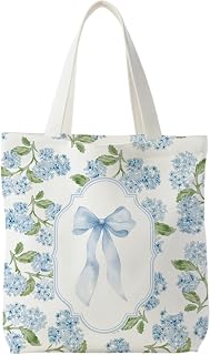 Grandmillennial Blue Floral Tote Bag for Women,Blue Floral Reusable Shopping Grocery Bags
