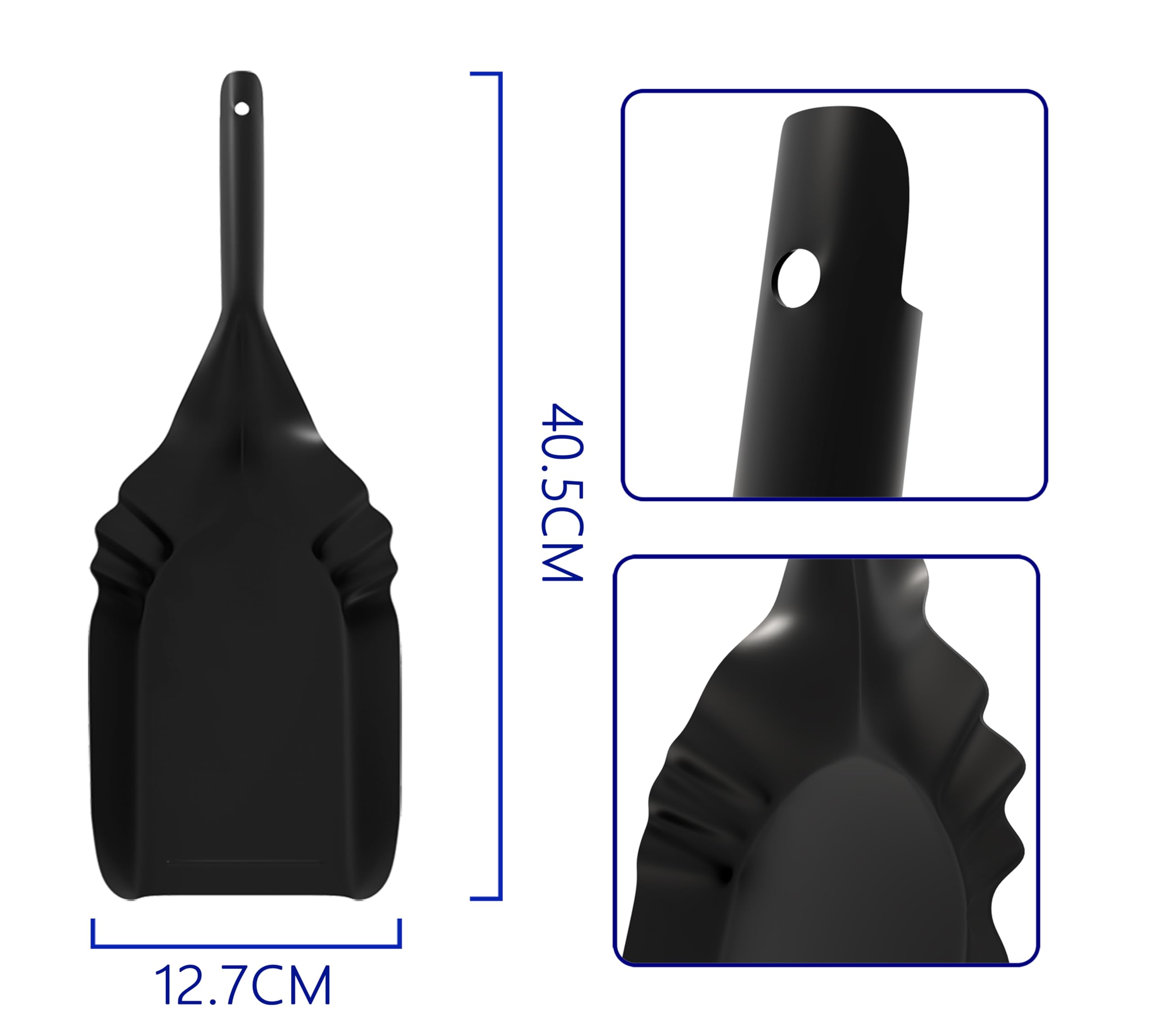 Kingson Duża łopata kominkowa – 40,5 x 12,7 cm – wytrzymała łopatka do węgla i popiołu – czarna stal o konstrukcji zapobiegającej rozlewaniu