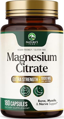 Citrato de magnesio 1000 mg - Suplemento de magnesio de alta absorción que apoya la salud muscular, hueso, nerviosa y cardíaca - Píldoras de