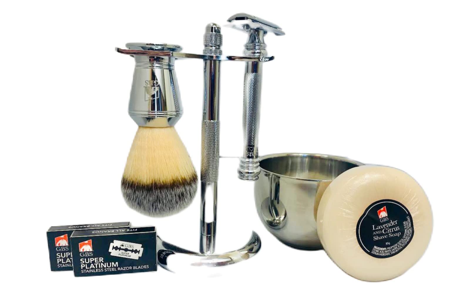 GBS - Juego de afeitado de regalo fabricado en Solingen Germnay MK 38C (barra de peluquero 38001 + accesorios GBS cepillo de telón de jabón de glicerina natural, soporte + cuchillas de precisión