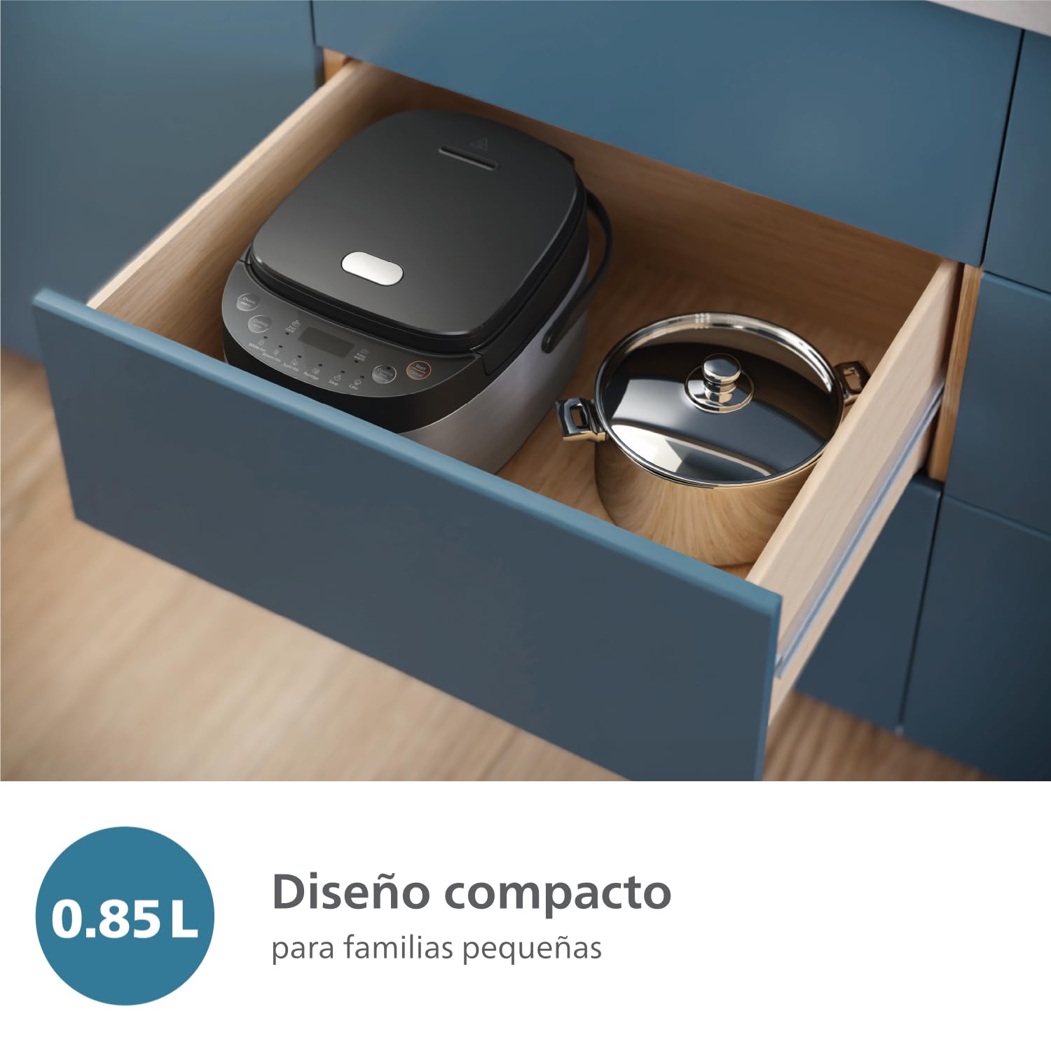 Philips Arrocera Serie 3000 - Compacta 0,85 l, 8 menús automáticos, olla antiadherente de 4 capas, cocción rápida en 30 minutos, diseño negro y plateado (HD3093/80)