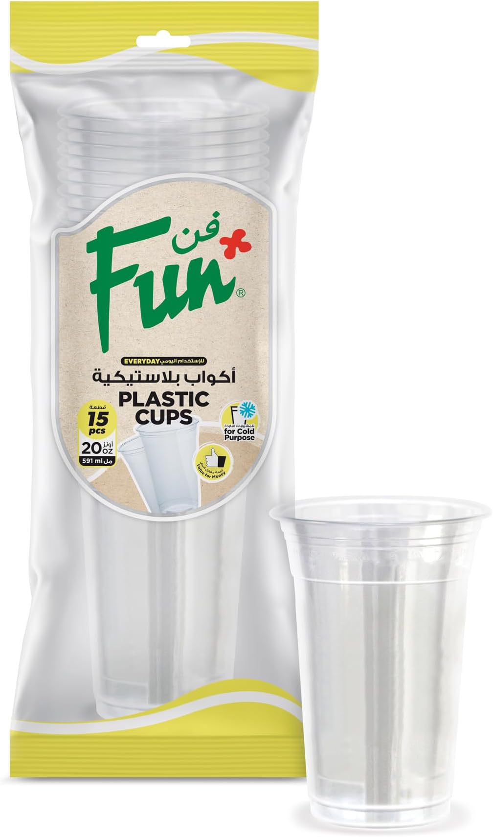 FUN BY AL BAYADER فن Everyday Disposable Clear Plastic Cup 20Oz, Pack Of 15