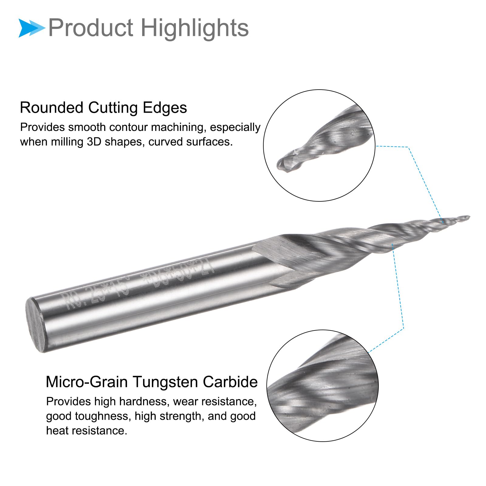 Fraise à Bout Sphérique Conique, Rayon de 0,25 mm, Queue de 6 mm, Angle de 15 Degrés, Carbure Micro-Grain 2 Flûtes, Fraiseuse CNC - (Applications : Acier Inoxydable, Aluminium)