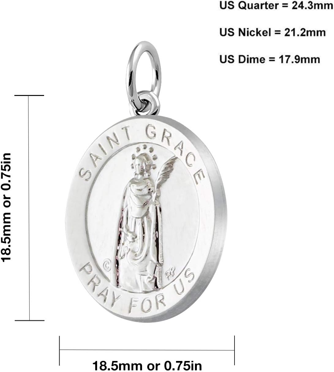 US Jewels Ladies 925 Sterling Silver 18.5mm Saint Grace Medal Pendant Necklace, 18in to 24in