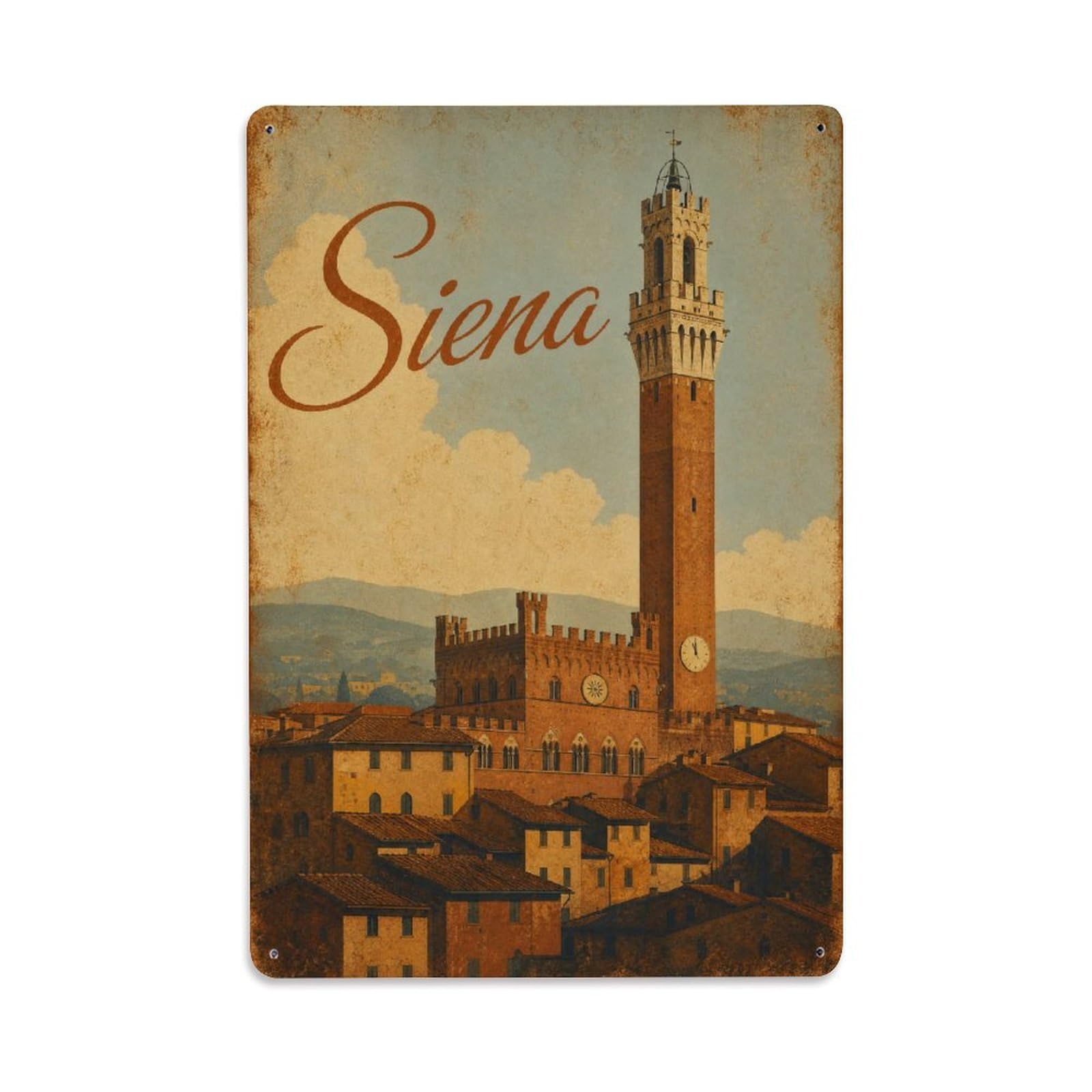 Huiyhb 8X12inch(20X30cm) Vintage Travel Siena Torre Mangia Tower Cityscape Italy Metal Tin Sign